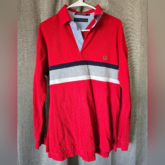 Tommy Hilfiger Vintage Mens Red Long Slv Striped Rugby Polo 2001 Y2K Size L - Picture 1 of 5
